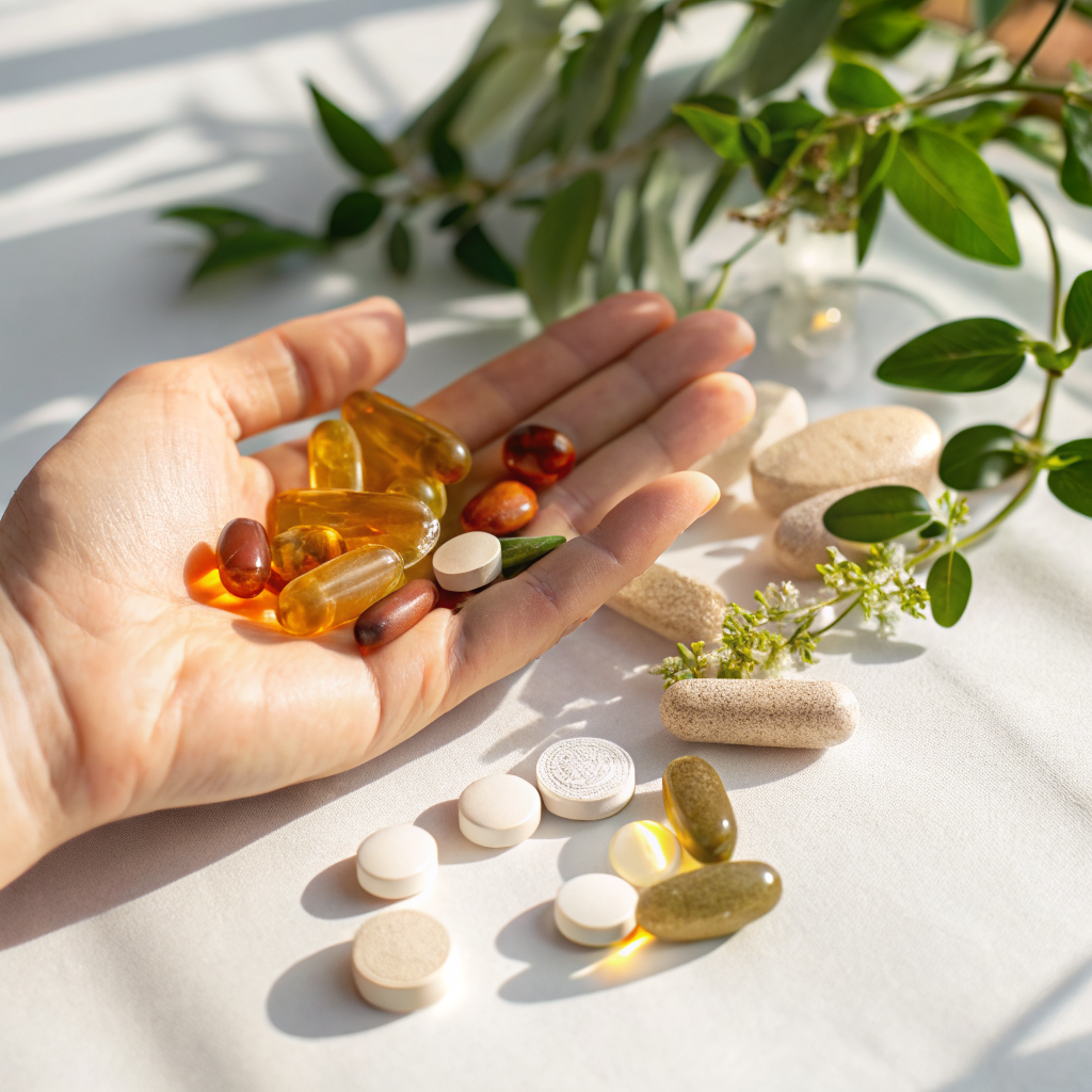 Bàn tay nâng các viên nang vitamin và khoáng chất thiết yếu giữa lá xanh — biểu tượng dinh dưỡng tinh túy